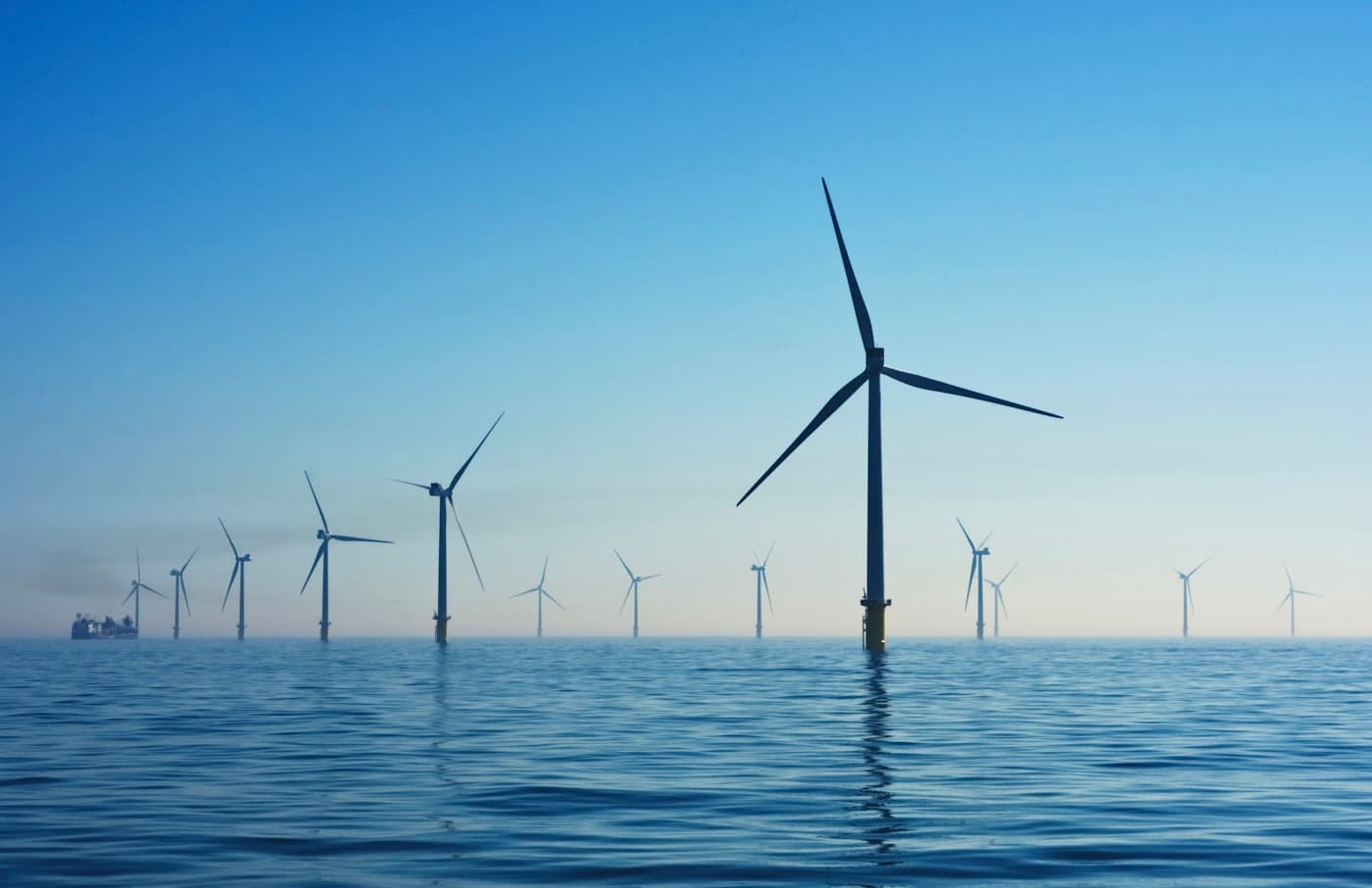 An offshore wind farm in calm water